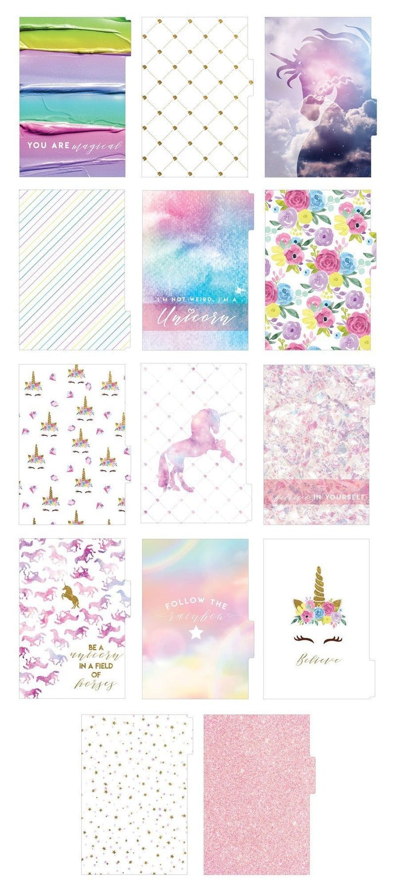 Student mini academic planner image showing fourteen dividers featuring unicorns and patterns.