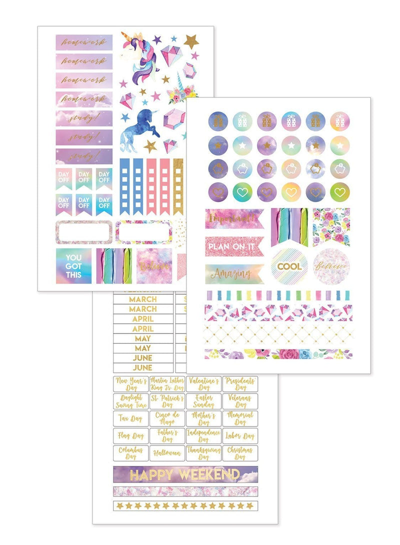 Student mini academic planner image showing three sticker sheets.