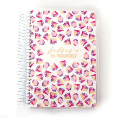 Student mini academic planner image shows cover featuring pink and gold diamonds on a white background with gold coil spine.