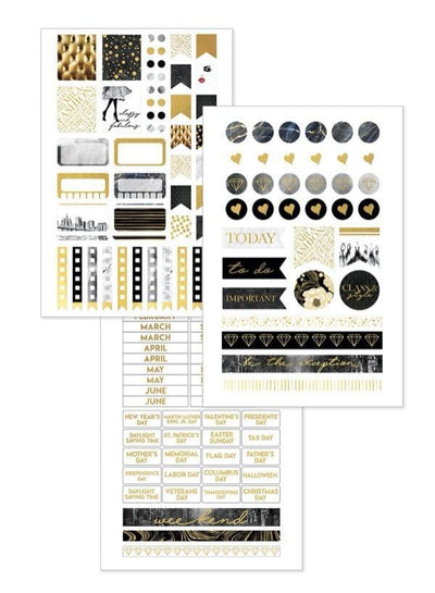 Mini weekly planner image shows three sheets of stickers featuring black and gold patterns. 