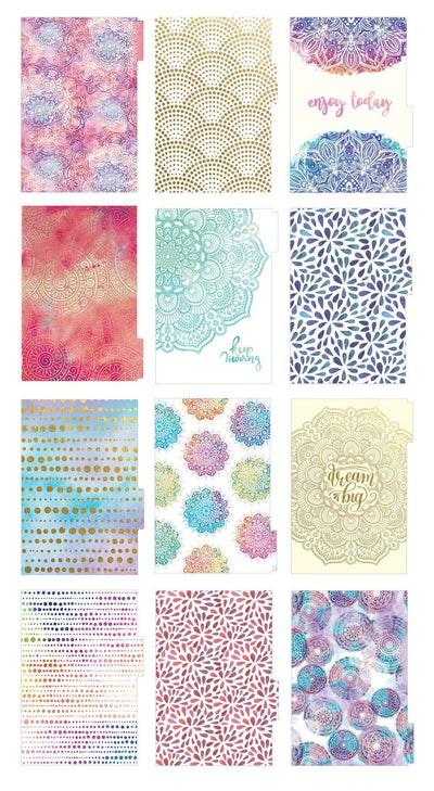 Watercolor mandala weekly planner image showing twelve dividers featuring colorful patterns.