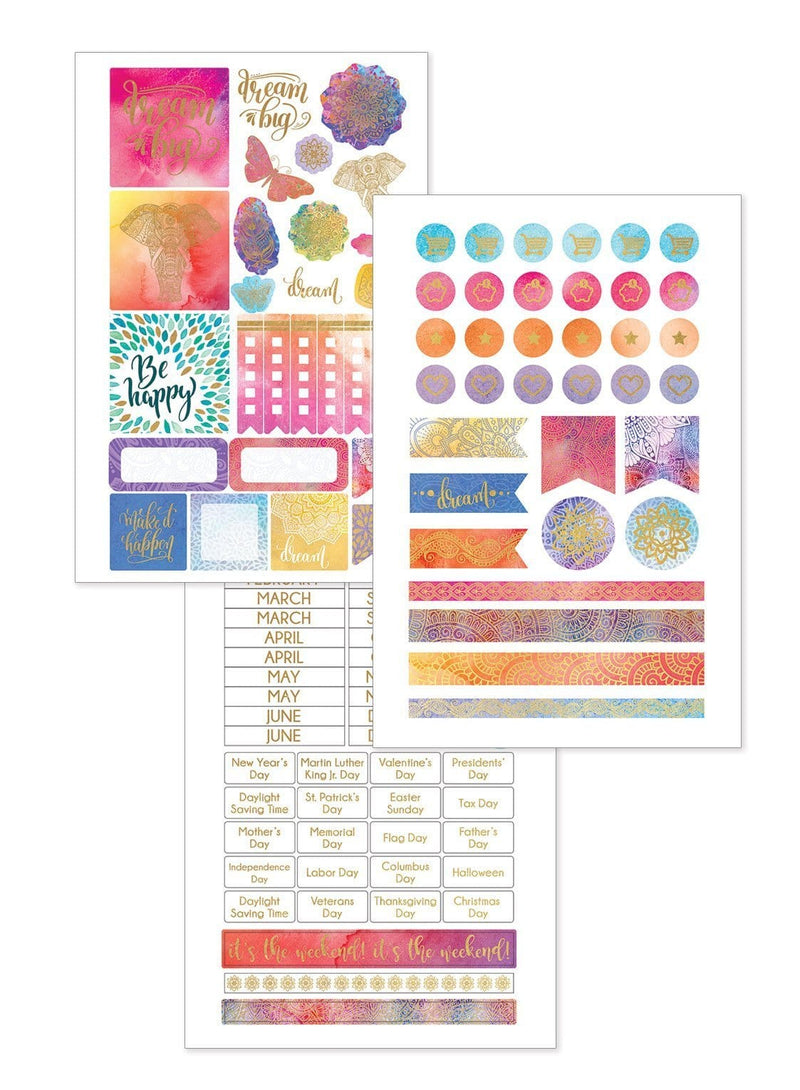 Watercolor mandala weekly planner image shows three sheets of stickers featuring colorful patterns.