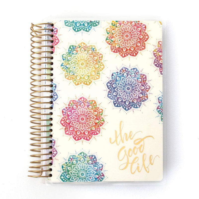 weekly planner image shows cover featuring watercolor mandalas and gold coil spine.