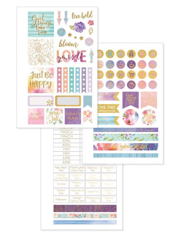 Mini weekly planner image shows three sheets of stickers featuring colorful patterns.