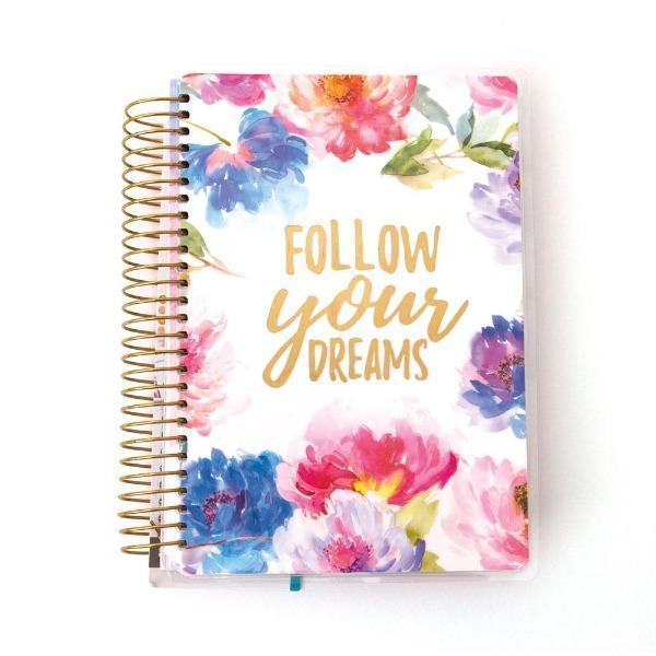 Mini weekly planner image shows cover featuring florals and a gold coil spine.