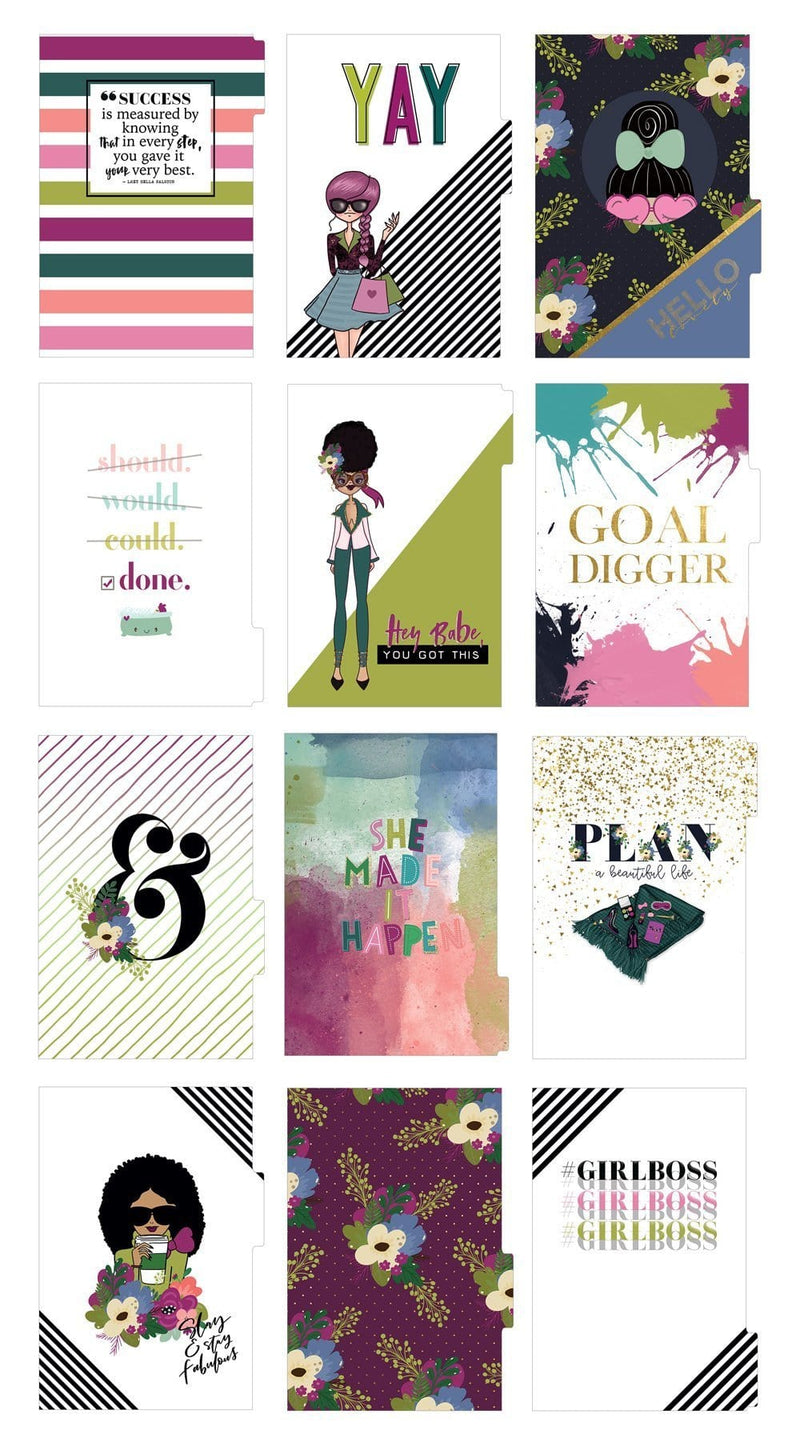 Mini weekly planner image showing twelve dividers featuring illustrations and colorful patterns.