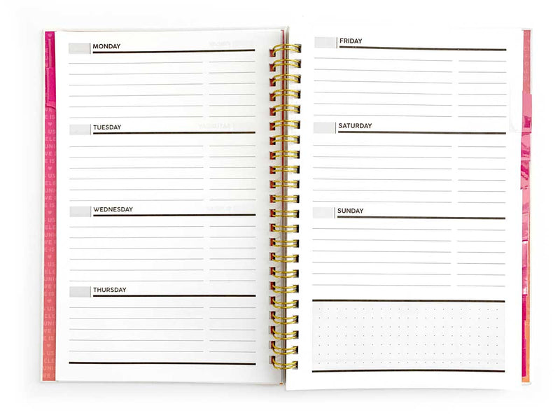 weekly spread of a weekly planner featuring a gold spiral and pink covers, shown on white background.