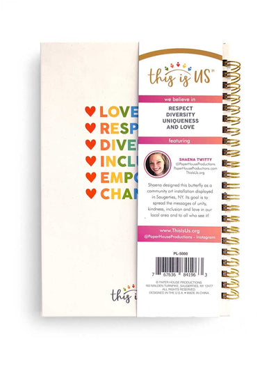 Back cover of weekly planner featuring positive words and hearts in rainbow colors, shown with back panel and branding.