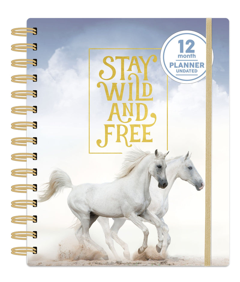 Wild and Free planner organizer image shows cover featuring white horses, elastic page holder and gold coil spine.