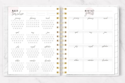 be your queen planner organizer shown open to the mood-tracker and monthly goals pages