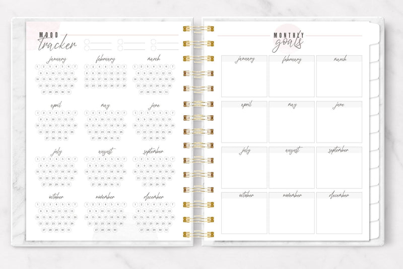 be your queen planner organizer shown open to the mood-tracker and monthly goals pages