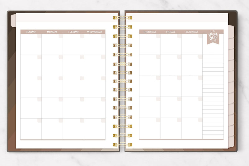 weekly planner featuring monthly spread in brown and white, shown on white background.
