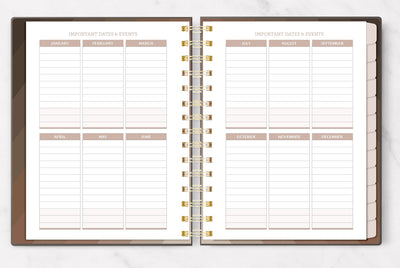 weekly planner featuring open spread of rectangles of each month for important dates and events.