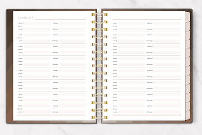 weekly planner featuring open spread of contacts.
