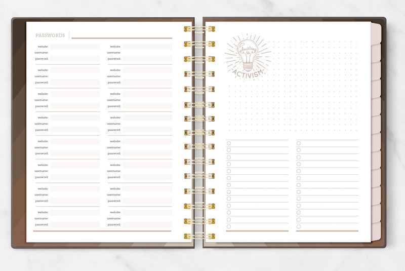 weekly planner featuring open spread of passwords and solid and dotted lines.