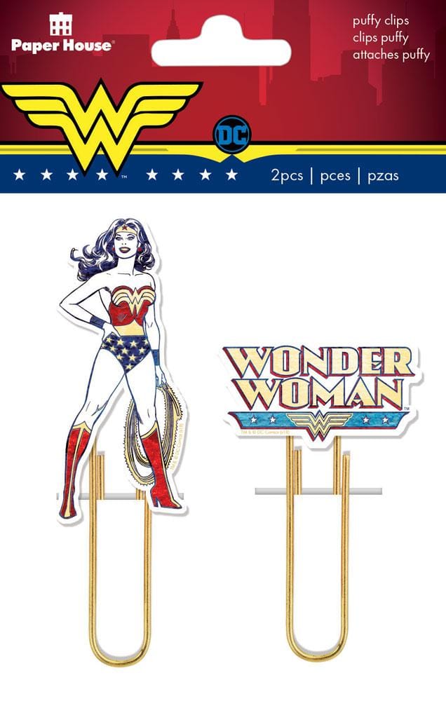 planner bookmark featuring 2 puffy clips of Wonder Woman and the Wonder Woman logo, shown in package.,