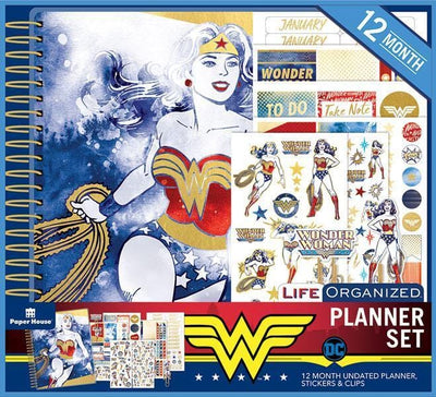 weekly planner set shows package featuring Wonder Woman on cover and multiple sticker sheets.