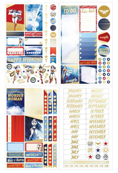 Wonder Woman weekly planner set image showing four colorful sticker sheets.