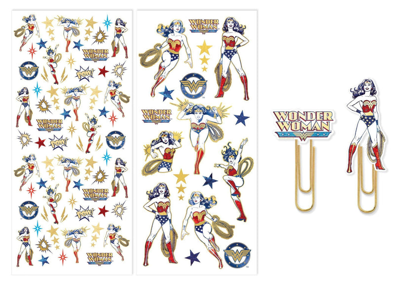 Wonder Woman weekly planner set image showing two sticker sheets and two page clips.