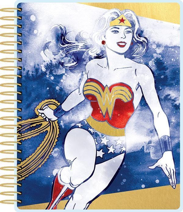 weekly planner image shows cover featuring Wonder Woman and gold coil spine.