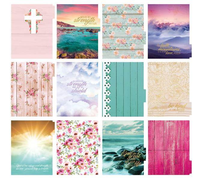 Faithful weekly planner set image showing twelve dividers featuring spiritual images and patterns.