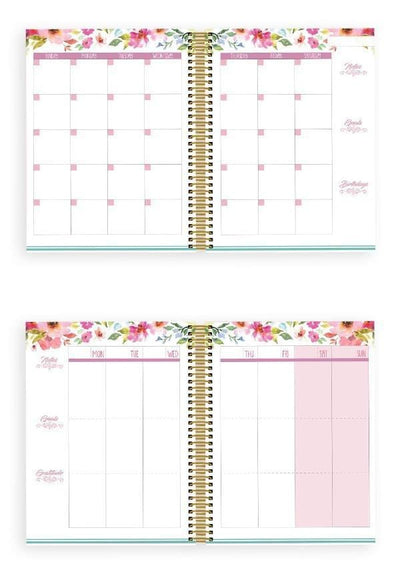 Faithful weekly planner set image showing a monthly and weekly spread with floral border.