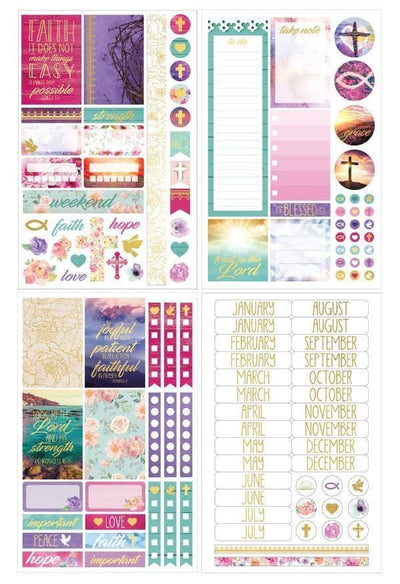 Faithful weekly planner set image showing four colorful sticker sheets.