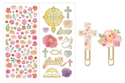 Faithful weekly planner set image showing two floral sticker sheets and two page clips.
