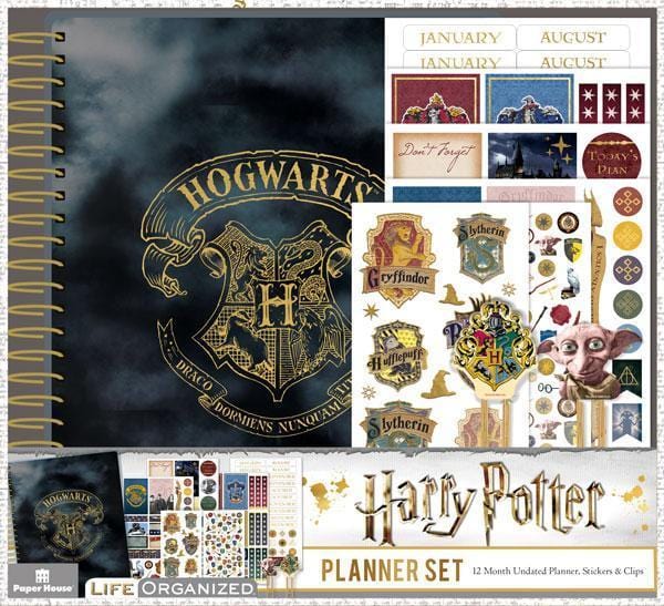 Harry Potter weekly planner set shows package featuring Hogwarts crest on cover and multiple sticker sheets.