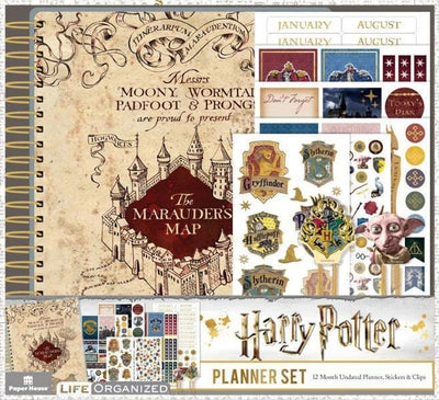 Harry Potter weekly planner set shows package featuring Marauder's map on cover and multiple sticker sheets.