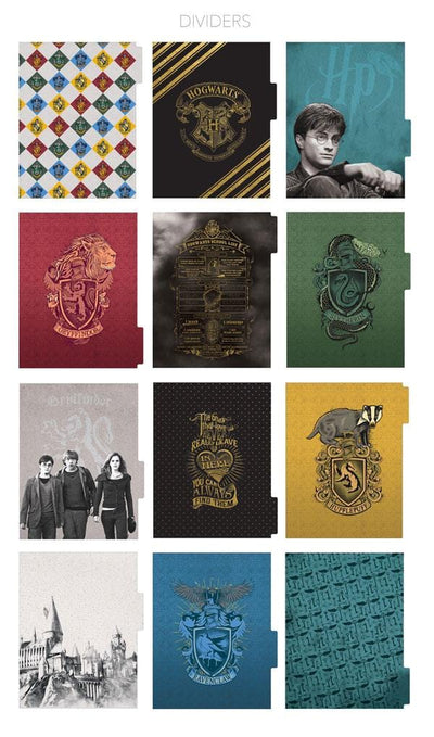 Harry Potter weekly planner set image showing twelve dividers featuring crests.