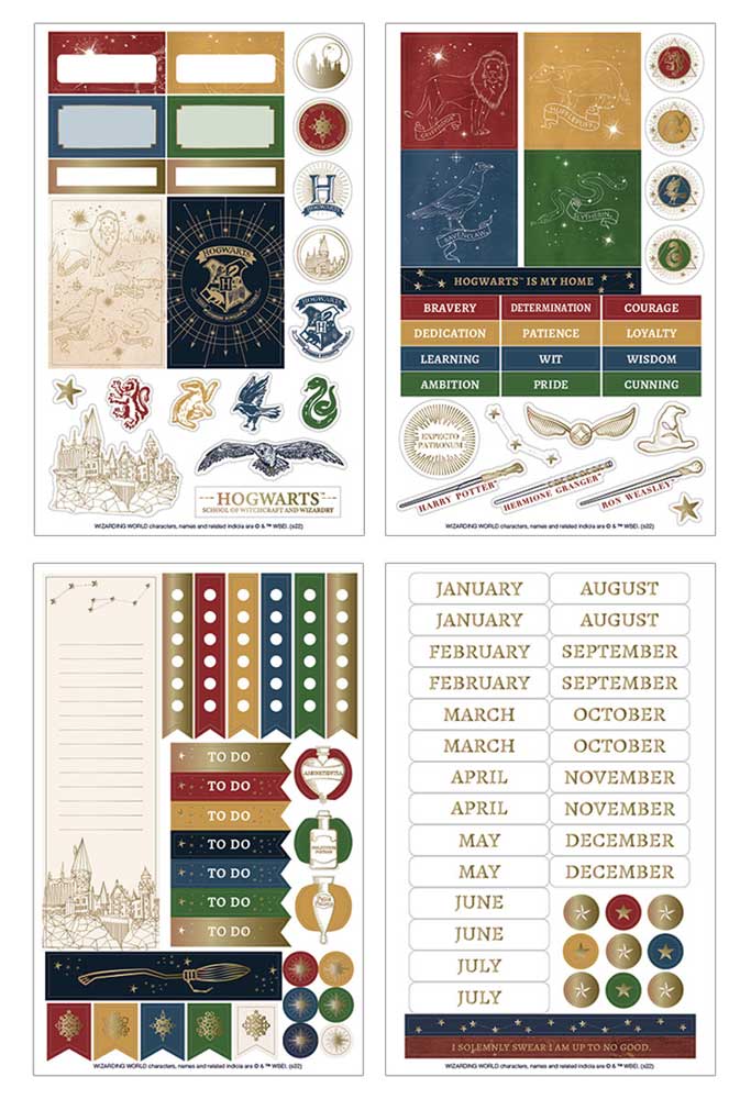 4 Harry Potter planner sticker sheets featuring colorful constellations and monthly sticker tabs with gold details, shown on white background.