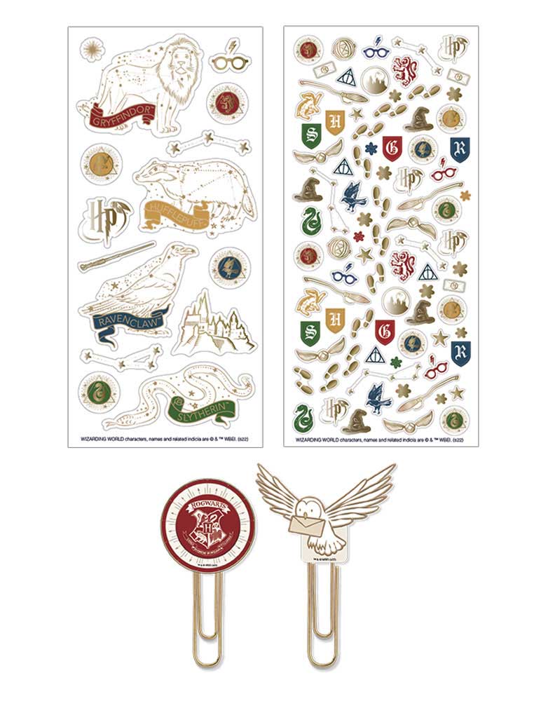 2 sheets of Harry Potter planner stickers featuring icons and constellations with gold details and 2 planner clips, shown on white background.