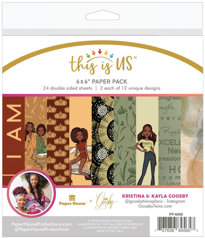 scrapbook paper pack shown in package featuring nine slices of sage, gold and rust patterns with illustrations of women.