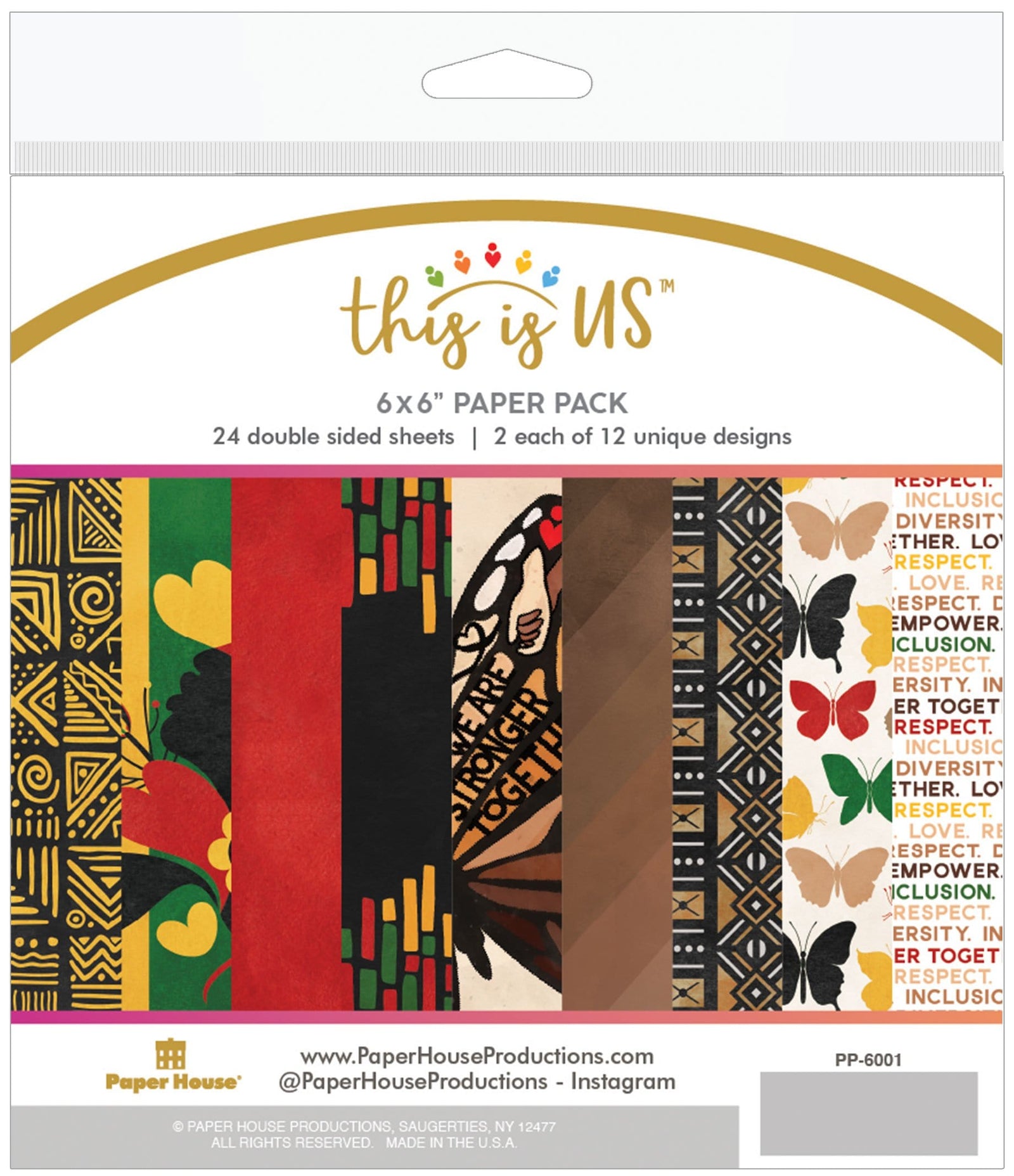 scrapbook paper pack shown in package featuring nine slices of red, gold, green and black patterns and illustrations.