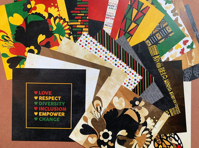 scrapbook paper pack papers are shown in this image featuring twenty four squares of red, gold, green and black patterns and illustrations fanned out on a brown background