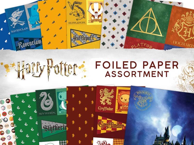 Harry Potter scrapbook paper set featuring 12 colorful papers displayed over a white and gold Harry Potter banner