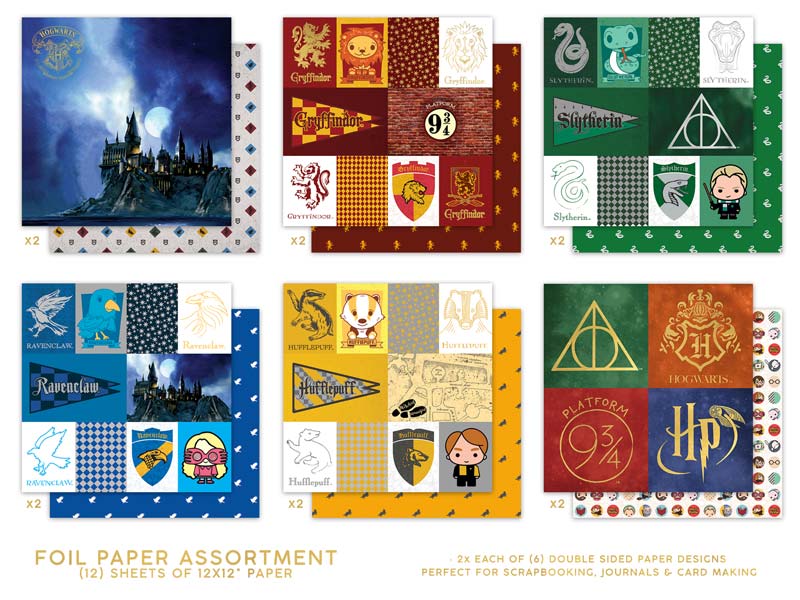 Harry Potter scrapbook paper set featuring 6 double-sided colorful papers displayed on a white background.