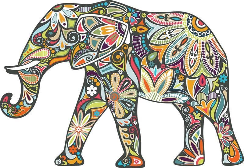 jigsaw puzzle featuring shaped image of colorful mozaic elephant, shown on white background.
