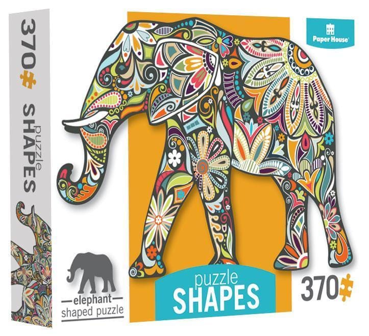 jigsaw puzzle box featuring image of colorful mozaic elephant.