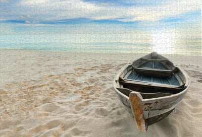 jigsaw puzzle image showing a boat on a beach.