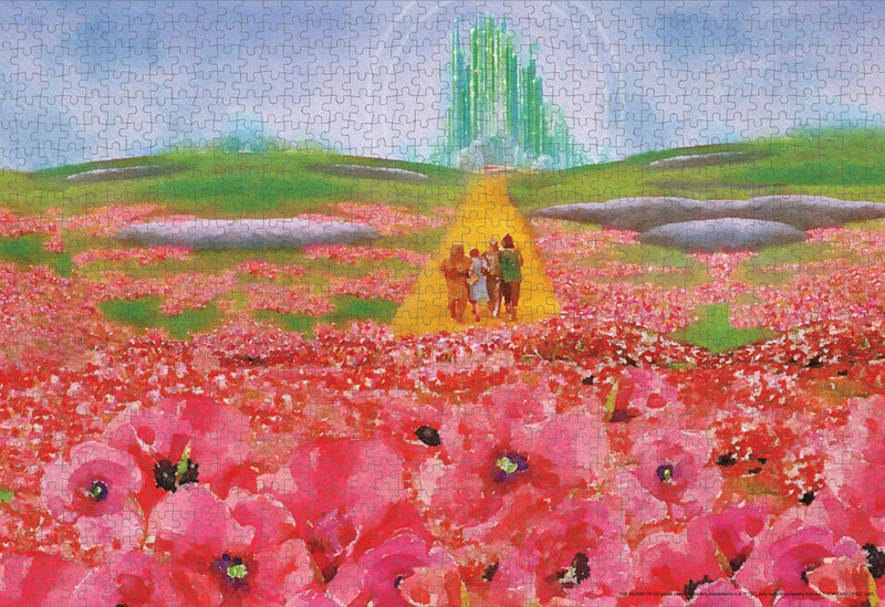 Wizard of Oz jigsaw puzzle image featuring a watercolor poppy field and the emerald city.