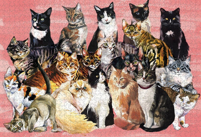 jigsaw puzzle image featuring watercolor of multiple cats on a pink background.