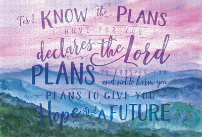 Know the Plans jigsaw puzzle image featuring words on a watercolor landscape background.