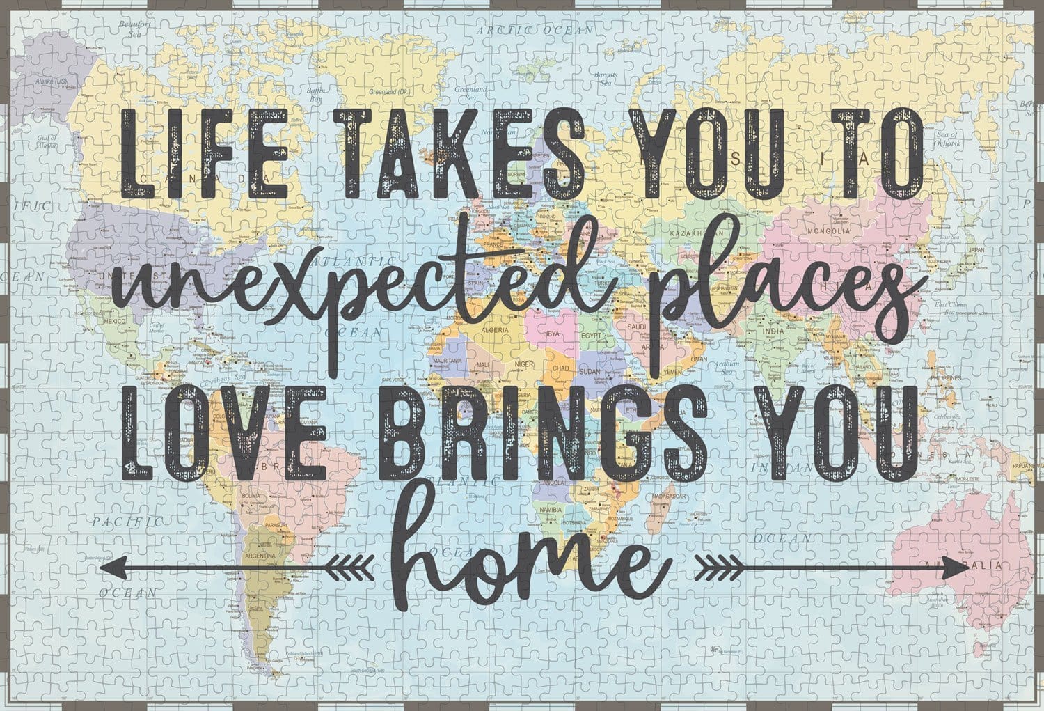 Love Brings You Home jigsaw puzzle image featuring words on an illustrated map background.