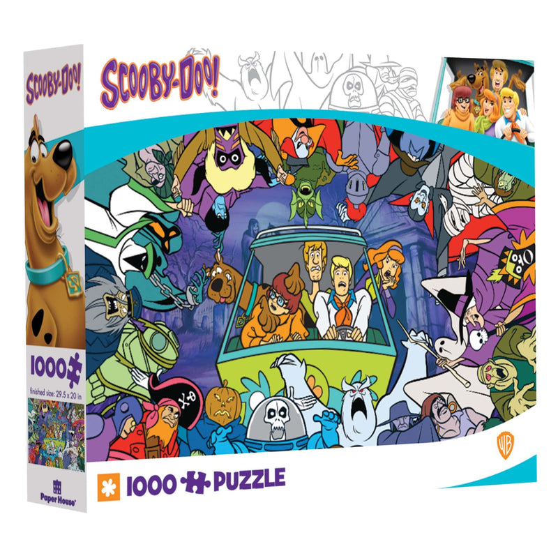 jigsaw puzzle box featuring image of Scooby Doo illustrated classic characters and monsters.