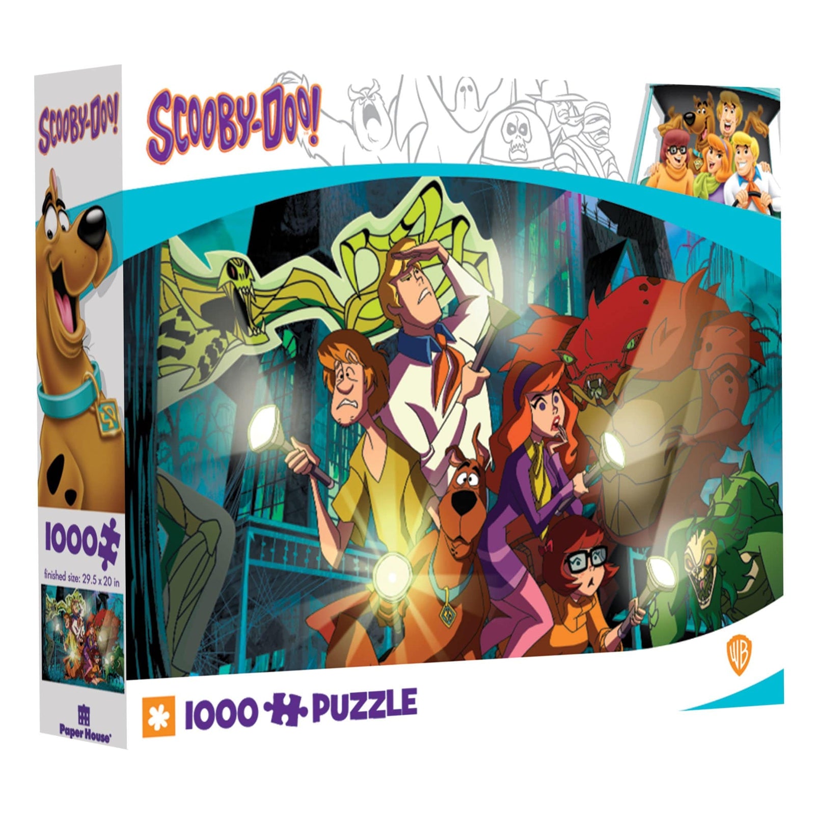 jigsaw puzzle box featuring image of Scooby Doo illustrated characters and monsters.