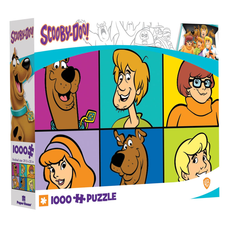 Scooby Doo jigsaw puzzle box featuring illustration of the six main characters in squares.