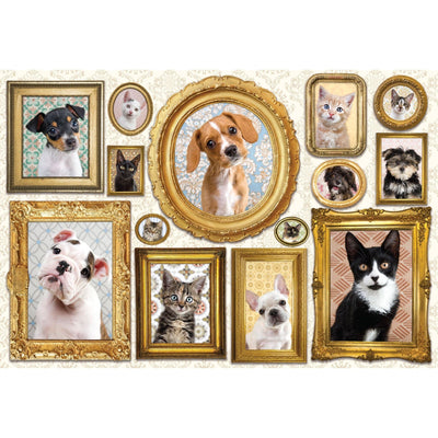 jigsaw puzzle image featuring cats and dogs in gold frames, shown on white background.