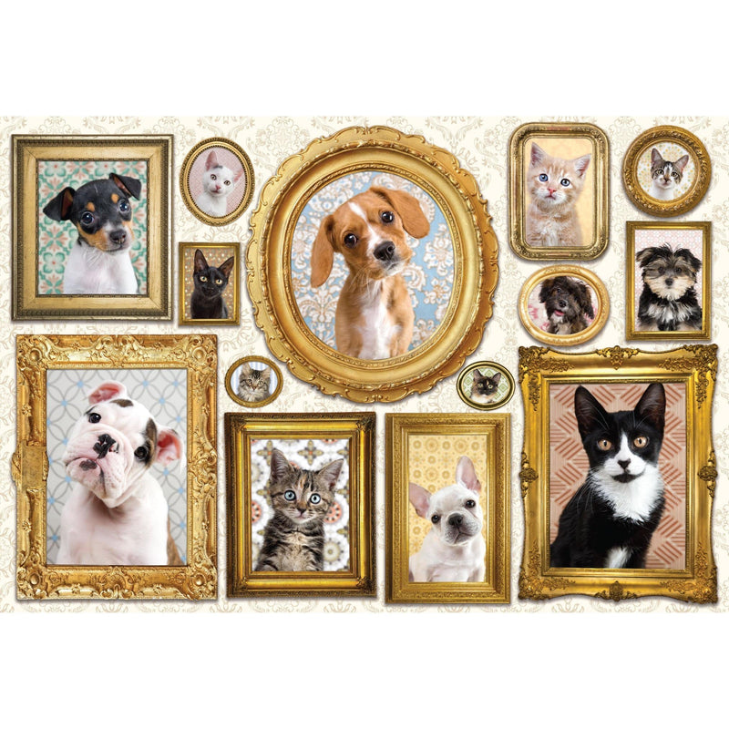 jigsaw puzzle image featuring cats and dogs in gold frames, shown on white background.
